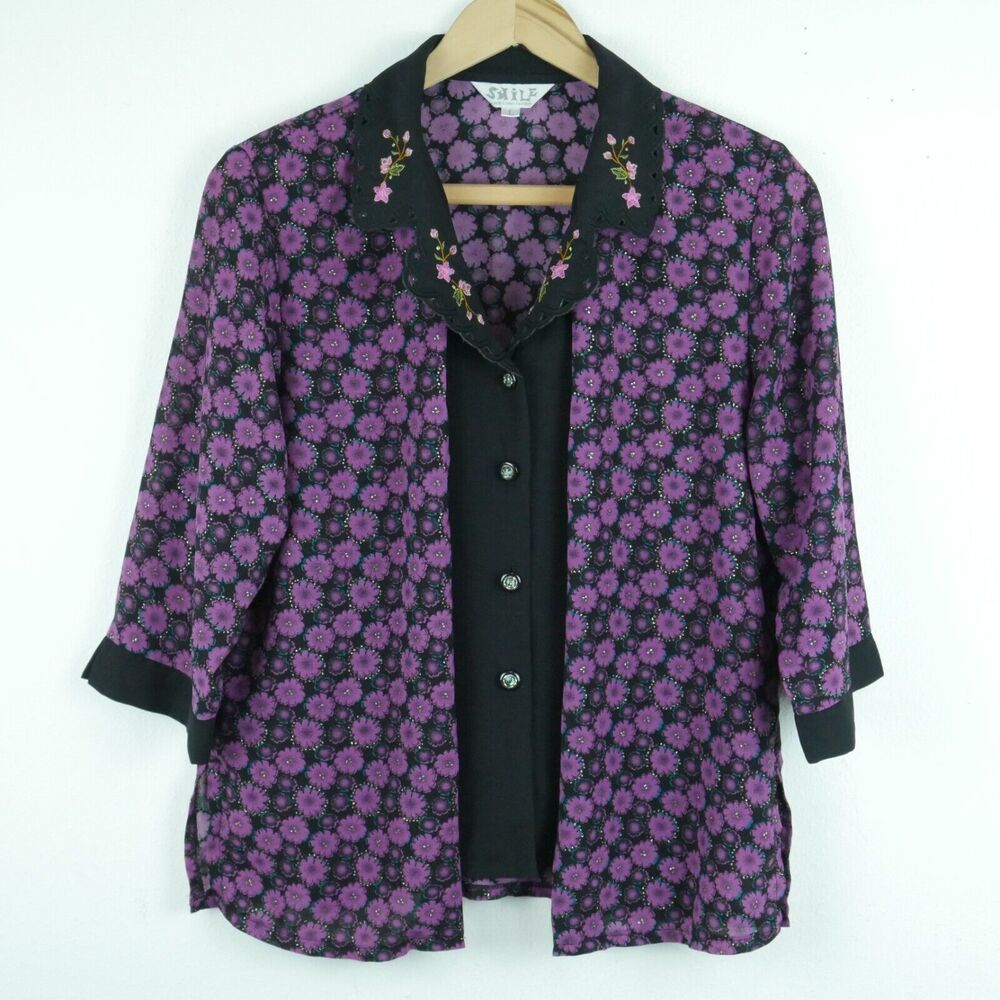 Vintage M‎ L Blouse 90s Dark Cottagecore Floral Lace Collar Grannycore Quirky